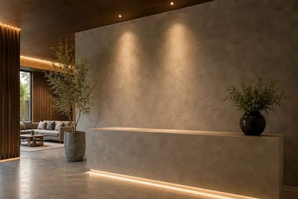 Jasa finishing cat dekoratif premium oleh KKC untuk interior hotel, villa, kantor, dan ruang komersial.